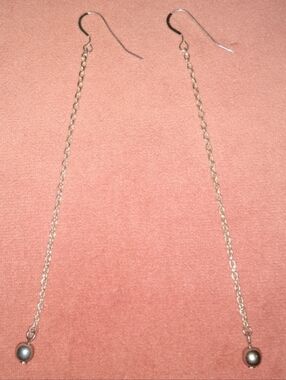 Solid 925 Sterling Silver Wires Long Chain Earrings Grey Pearl Minimalist KATTA